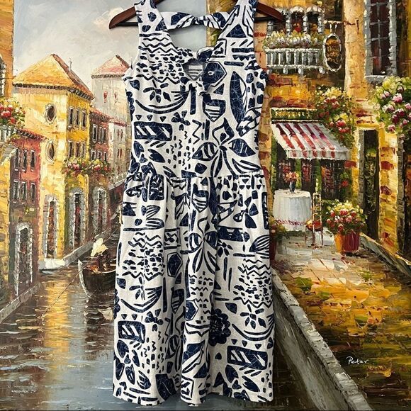 Vintage Boho sleeveless navy blue and white sundress - Picture 3 of 10